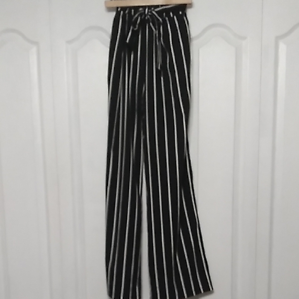 Japna Black and White Wide Leg Pants with Tie Waist